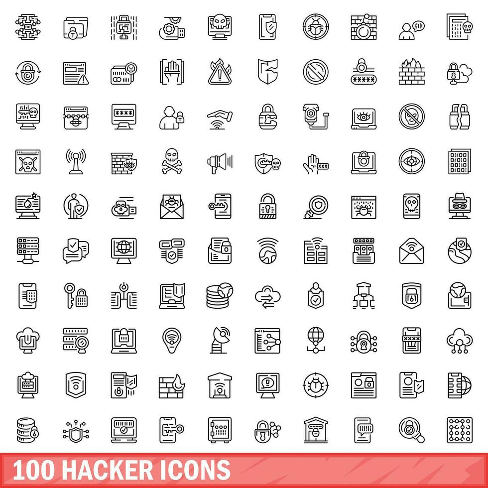 100 hacker icons set, outline style vector