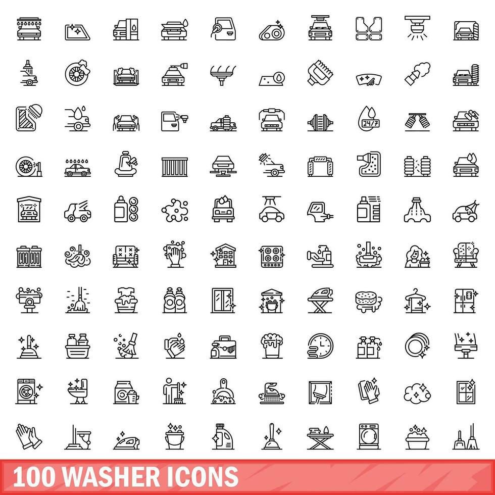 100 washer icons set, outline style vector