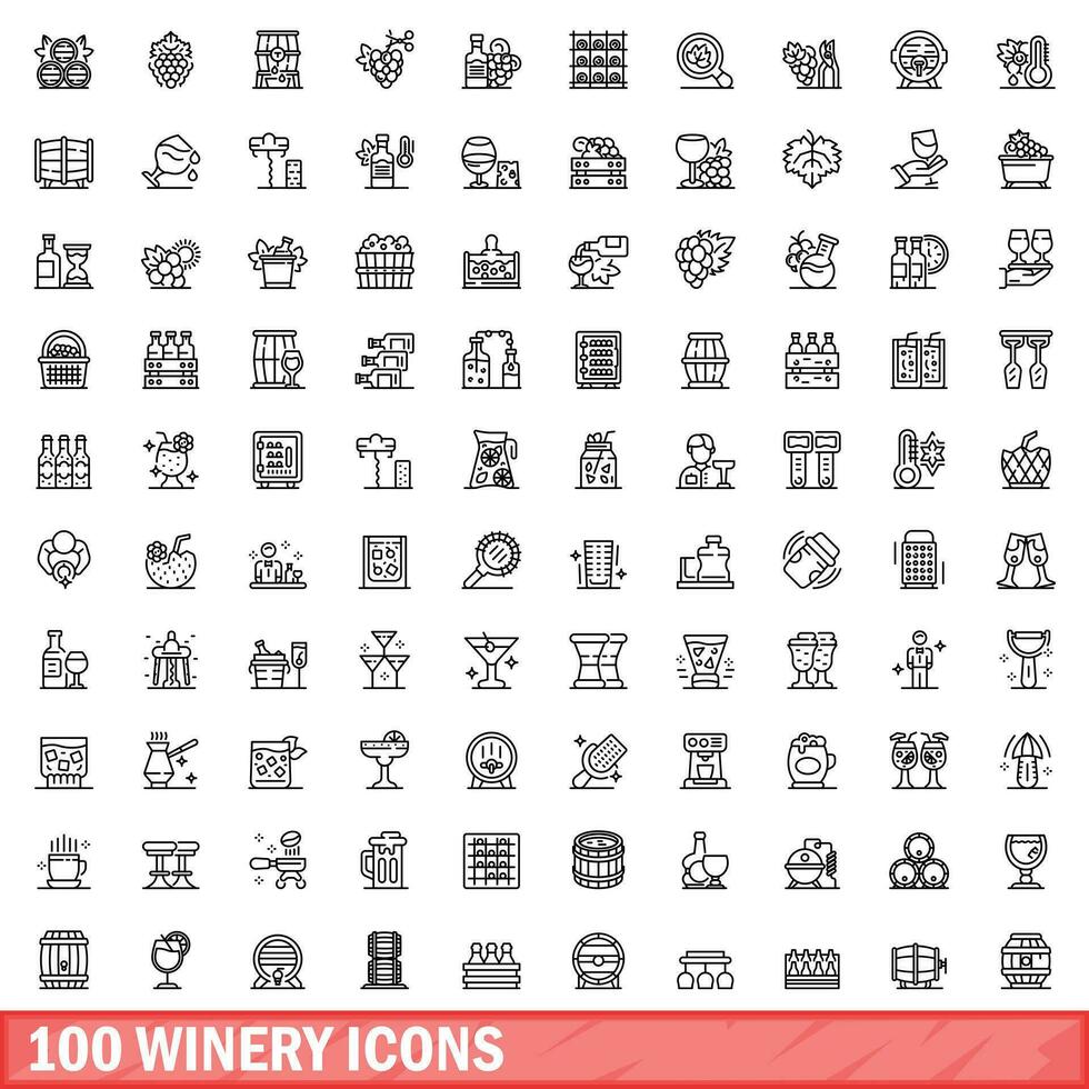 100 winery icons set, outline style vector