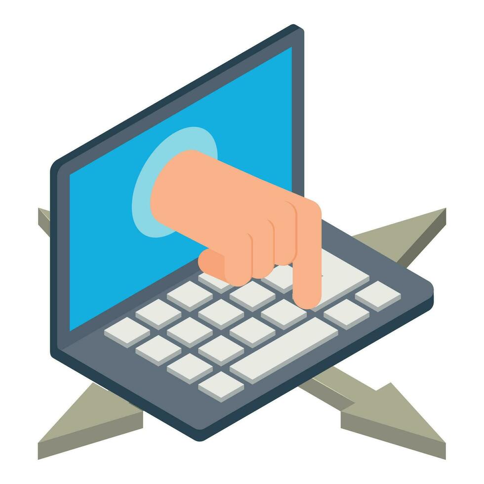 Internet fraud icon isometric vector. Hand from screen presses button and arrow vector