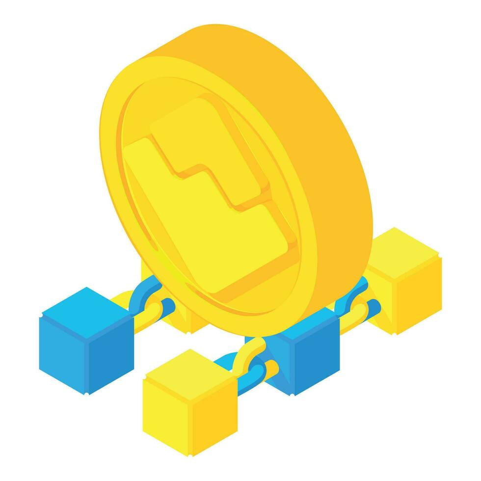 Blockchain technology icon isometric vector. Block chain and golden waves coin vector