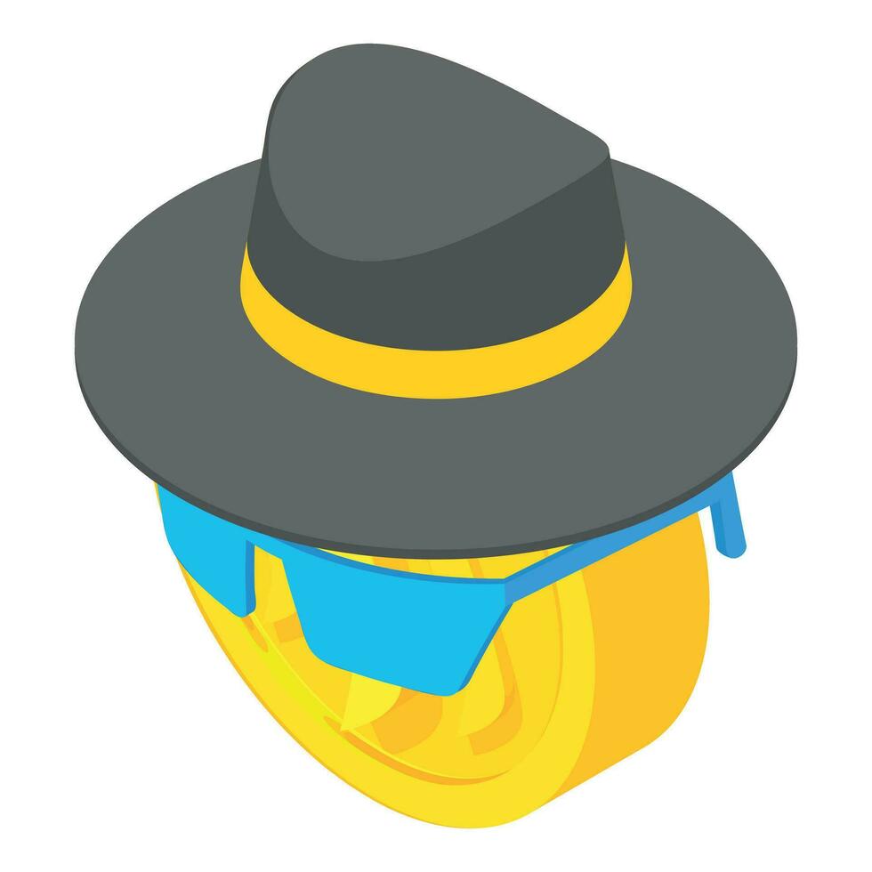 anonimato concepto icono isométrica vector. hombre sombrero Gafas de sol en oro cripto moneda vector