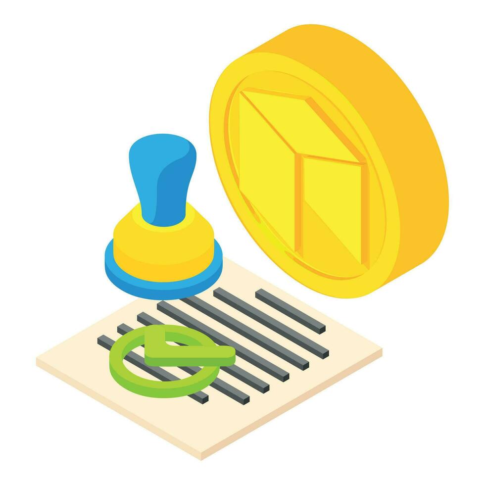 Confirmation icon isometric vector. Document seal check mark sign near neo coin vector