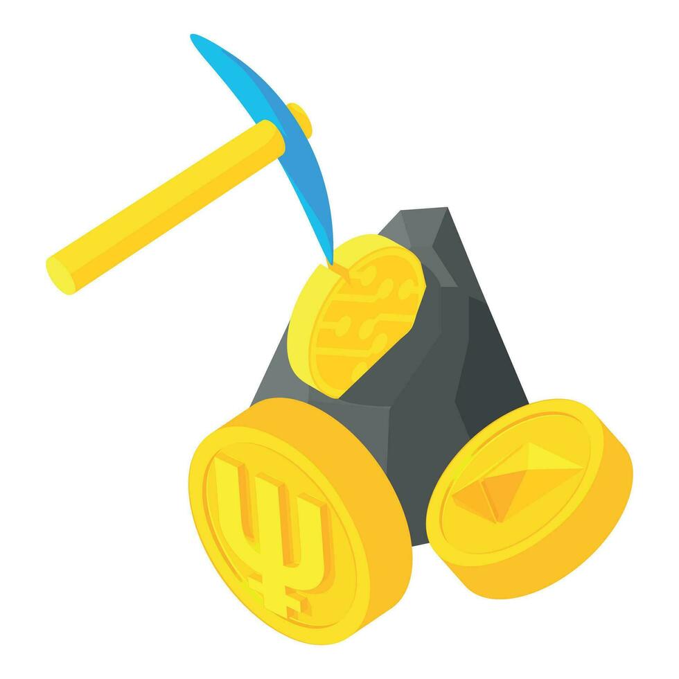 Cryptocurrency mining icon isometric vector. Pickaxe mines coin in mountain icon vector