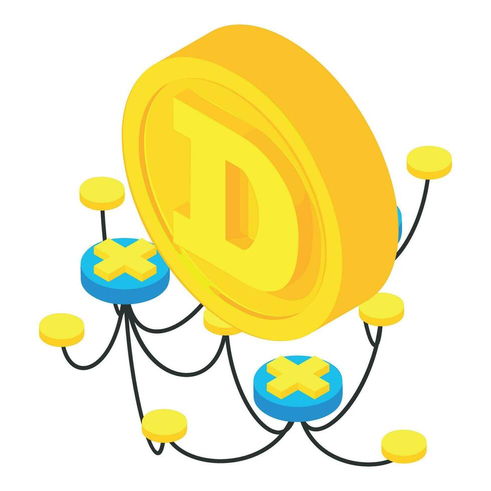 Decentralization icon isometric vector. Decentralized symbol and gold dogecoin vector