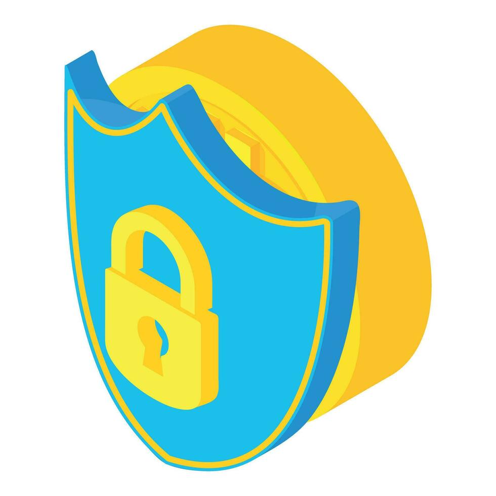 Crypto security icon isometric vector. Digital coin behind shield with padlock vector