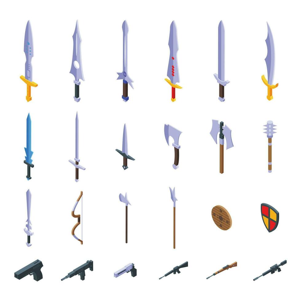 Game weapon icons set isometric vector. Shield warrior vector