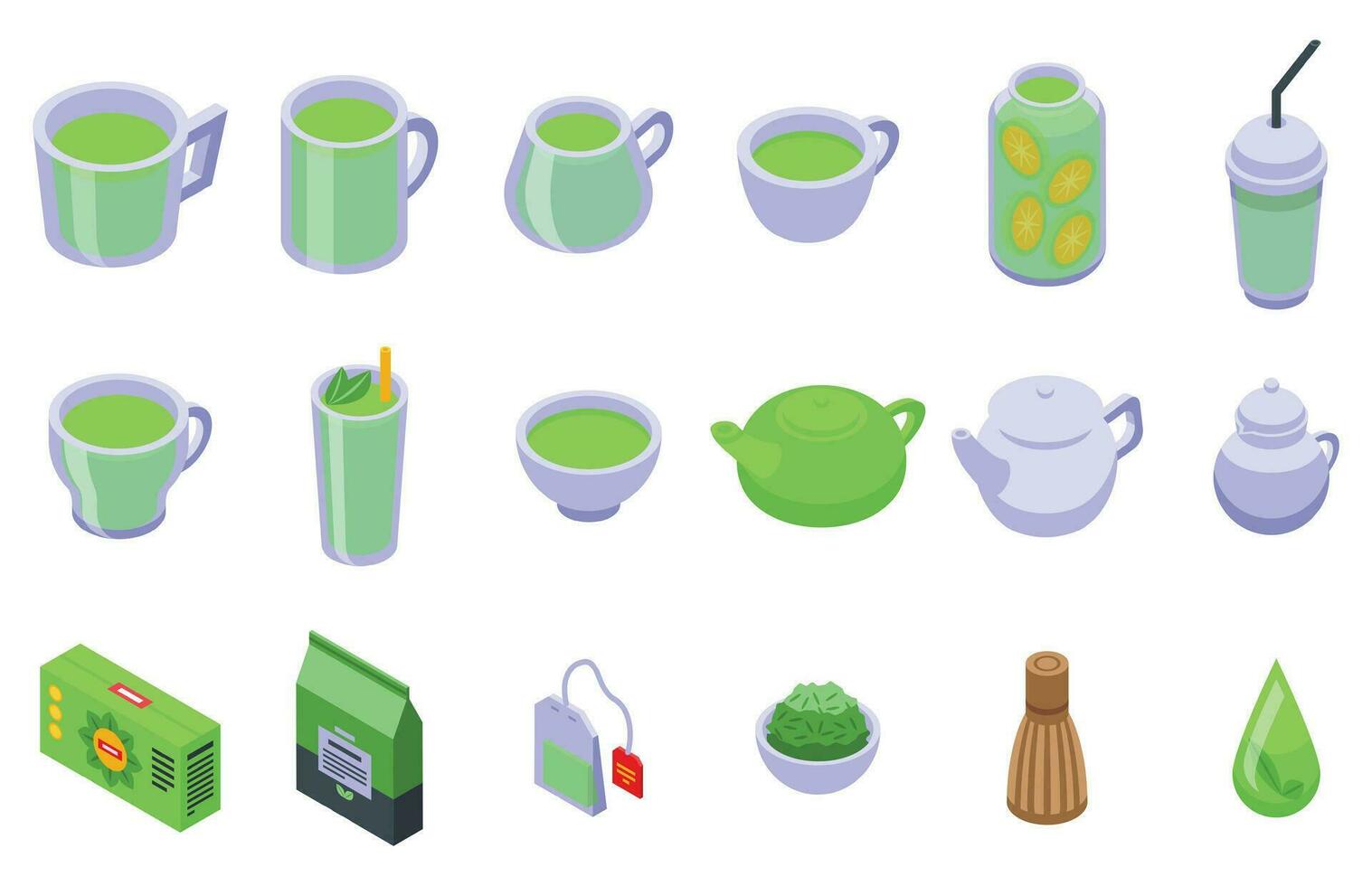 Green tea icons set isometric vector. Cup glass vector