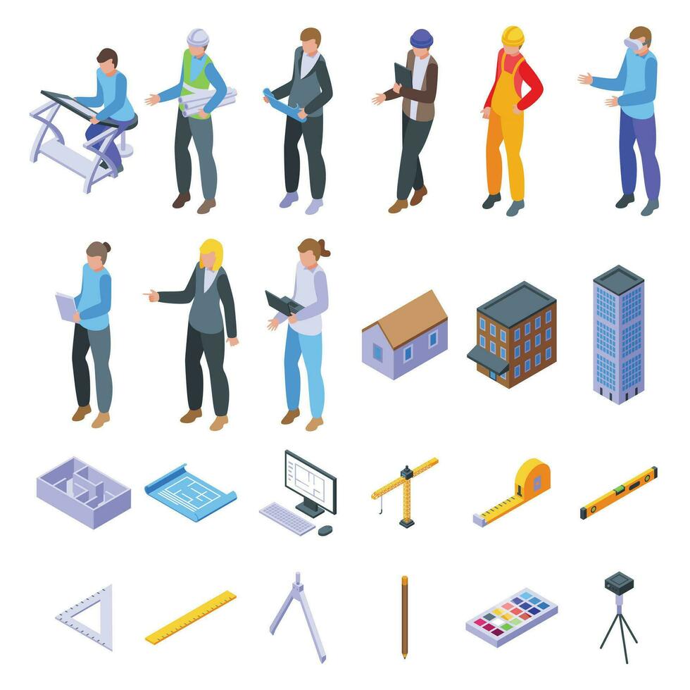 Architect icons set isometric vector. Plan interior vector