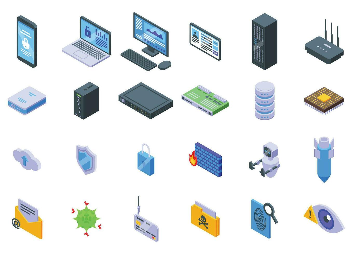 Cybersecurity icons set isometric vector. Camera malware vector