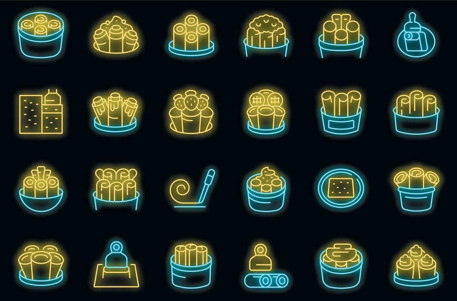 Stir fried ice cream icons set vector neon