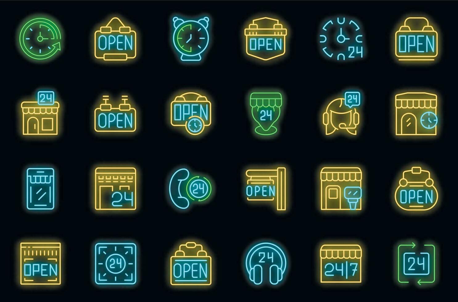 Shop opening hours icons set vector neon