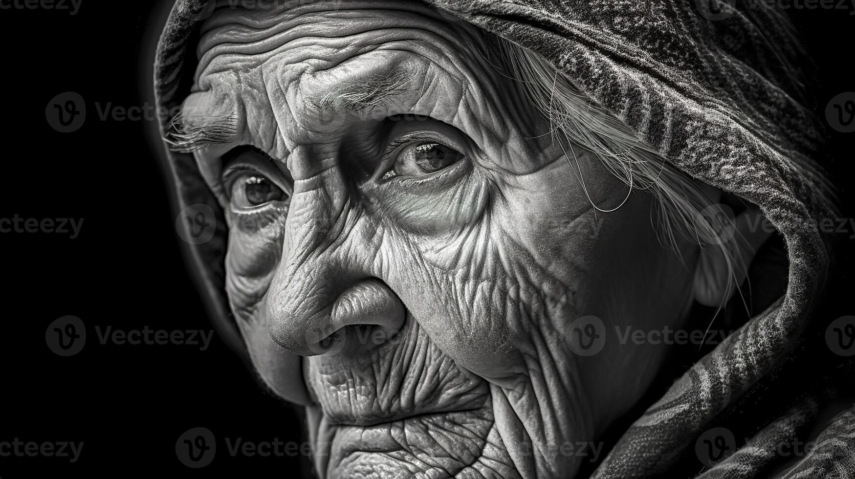 el concepto de antiguo gente, un retrato de un abuela con un arrugado rostro, monocromo hecho con generativo ai foto