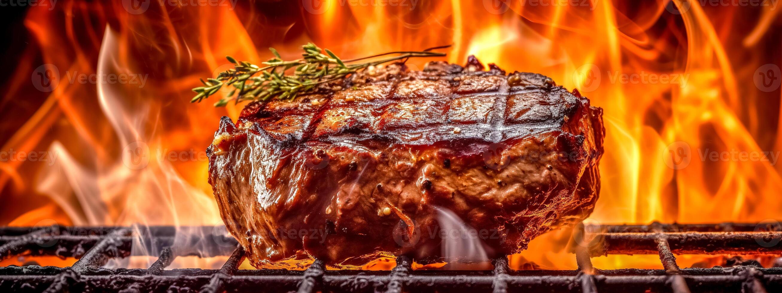 seasoned with pepper and rosemary beef meat on the fire of a hot grill, barbecue party, banner made with photo