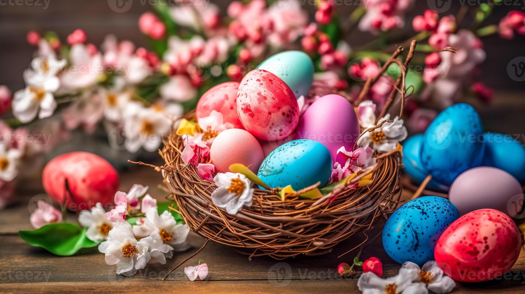 dyed in different colors Easter eggs in basket and flowers, celebration of religious holidays, made with photo