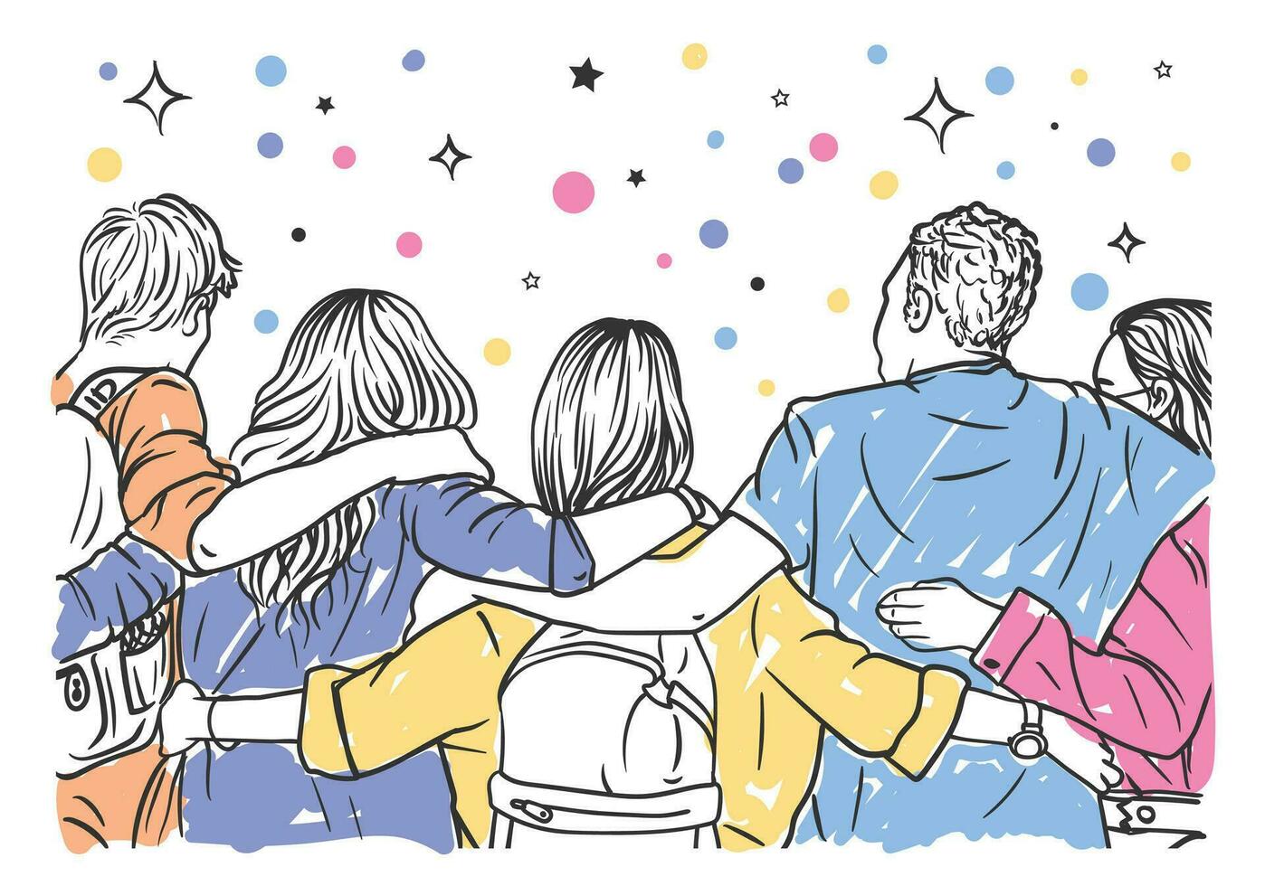 A group of five male and female friends is hugging each other reunion, relaxing, and enjoying , behind view background vector