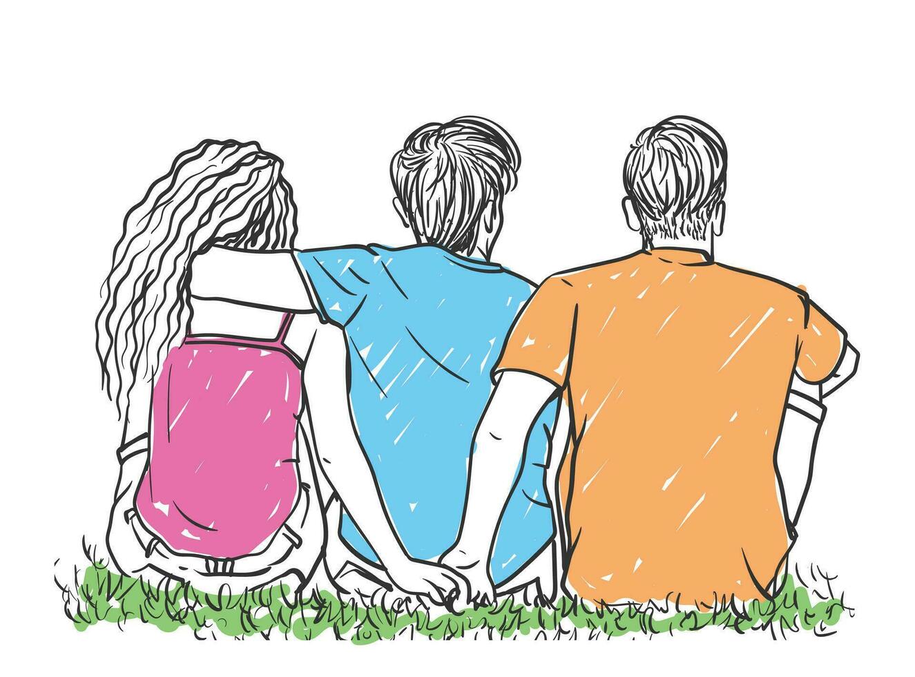 Friend is cuddling the girl, while the girl is holding the hand of her boyfriend, friends sitting on the ground field vector