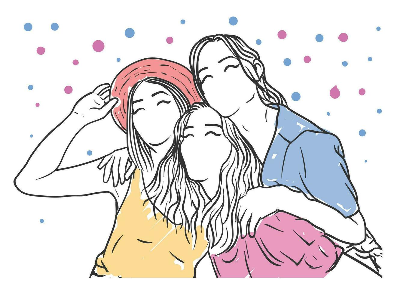 Three female best friends are laughing and enjoying together hand-drawn vector illustration