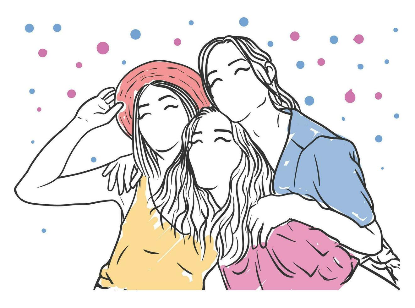 Tres hembra mejor amigos son riendo y disfrutando juntos dibujado a mano vector ilustración