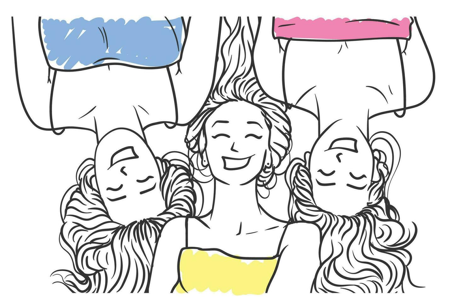 Three young girls are laughing together, lying on the ground, wearing simple dresses, funny illustration vector