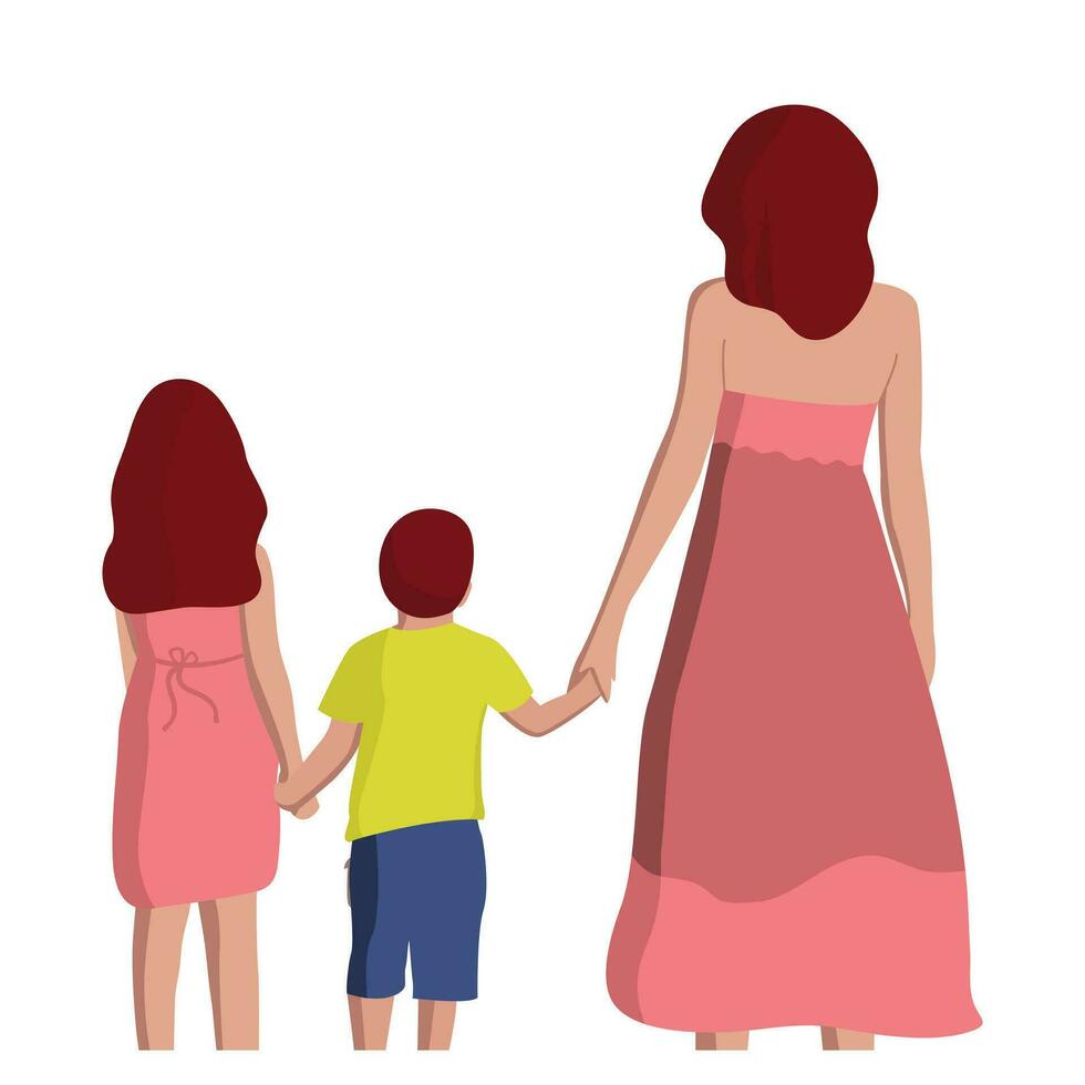 Mother holding her sons and daughter hand walking behind together flat character vector drawing