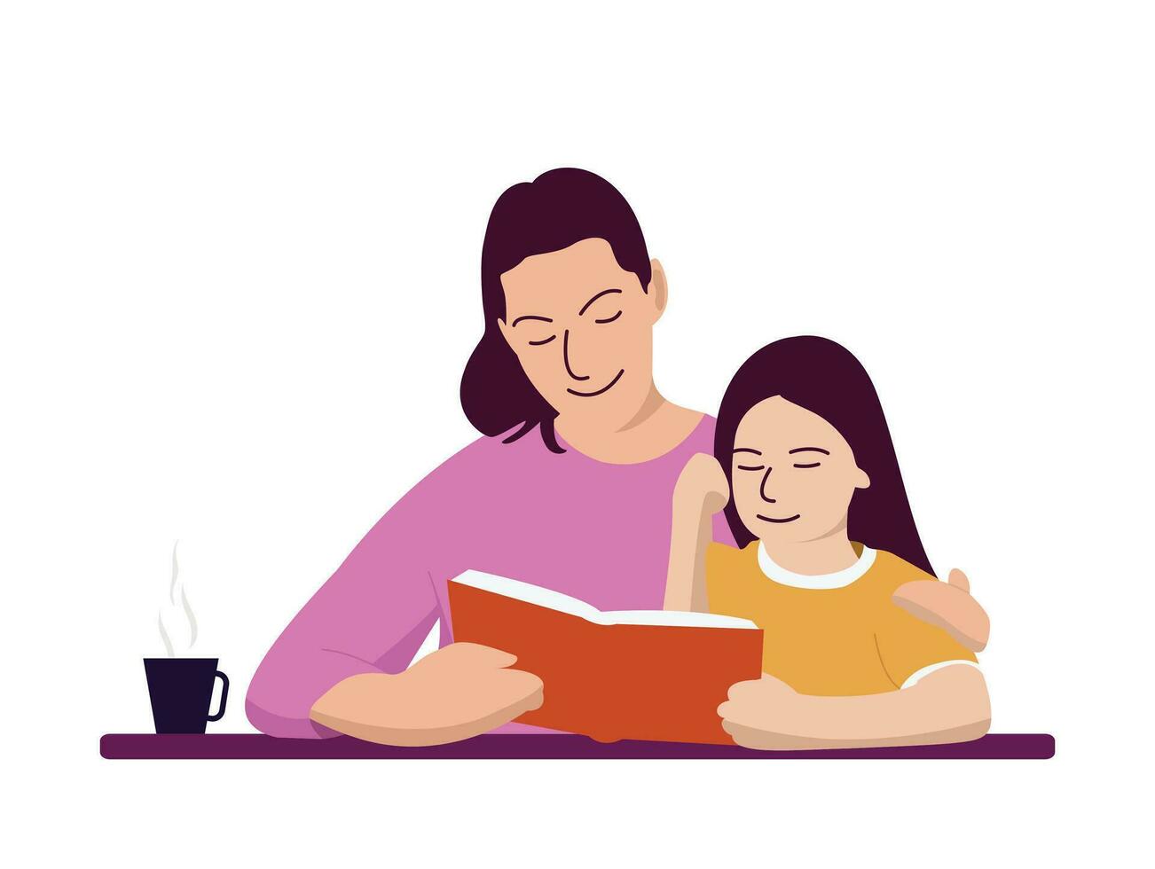 Mother helping her daughter study, teach and read together, back to school vector flat character drawing