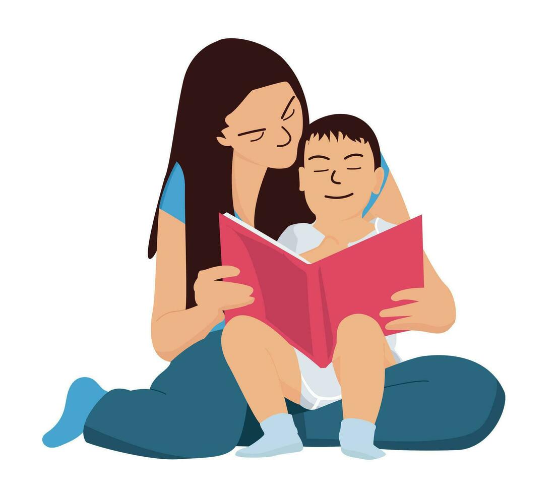 Mother helping her son study, teach and read together, back to school vector flat character drawing