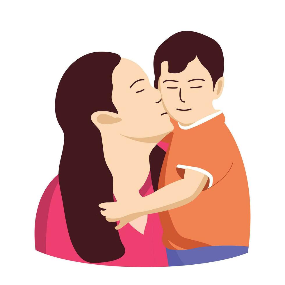 Mother kissing her son on the cheek, holding and hugging, loving flat character drawing for greeting card, children book vector