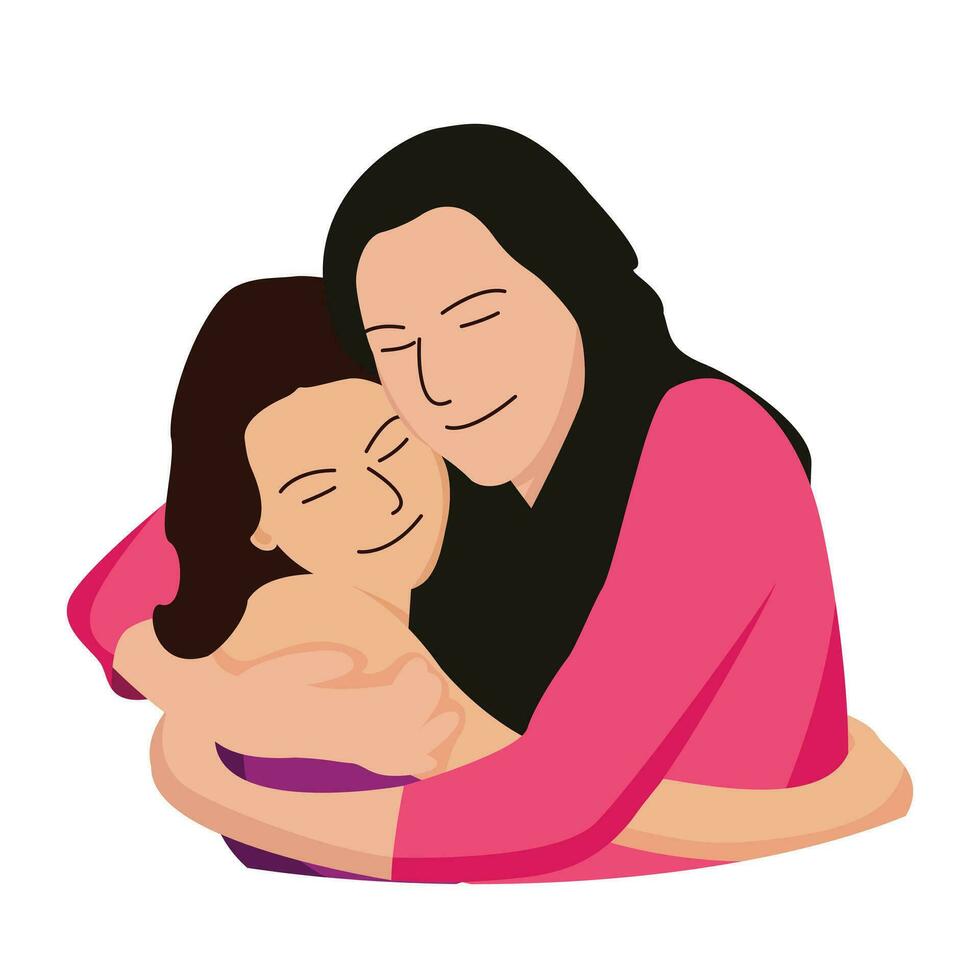 madre mimos, abrazos, y adora su niño, hija, linda sencillo plano dibujo para saludo tarjeta diseño vector