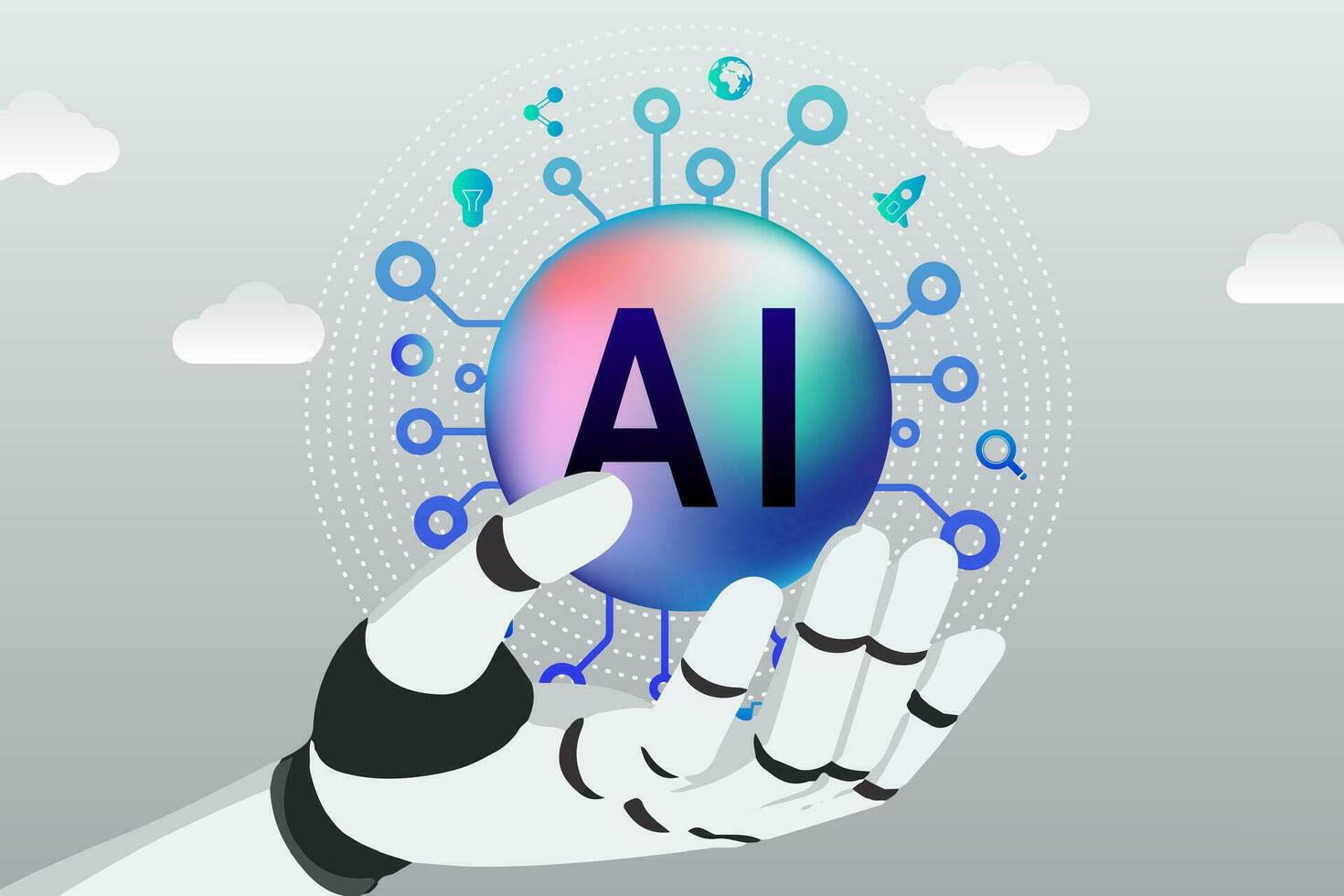 AI technology innovative applications vector infographic. Artificial intelligence, machine learning, data science and cognitive computing concept.