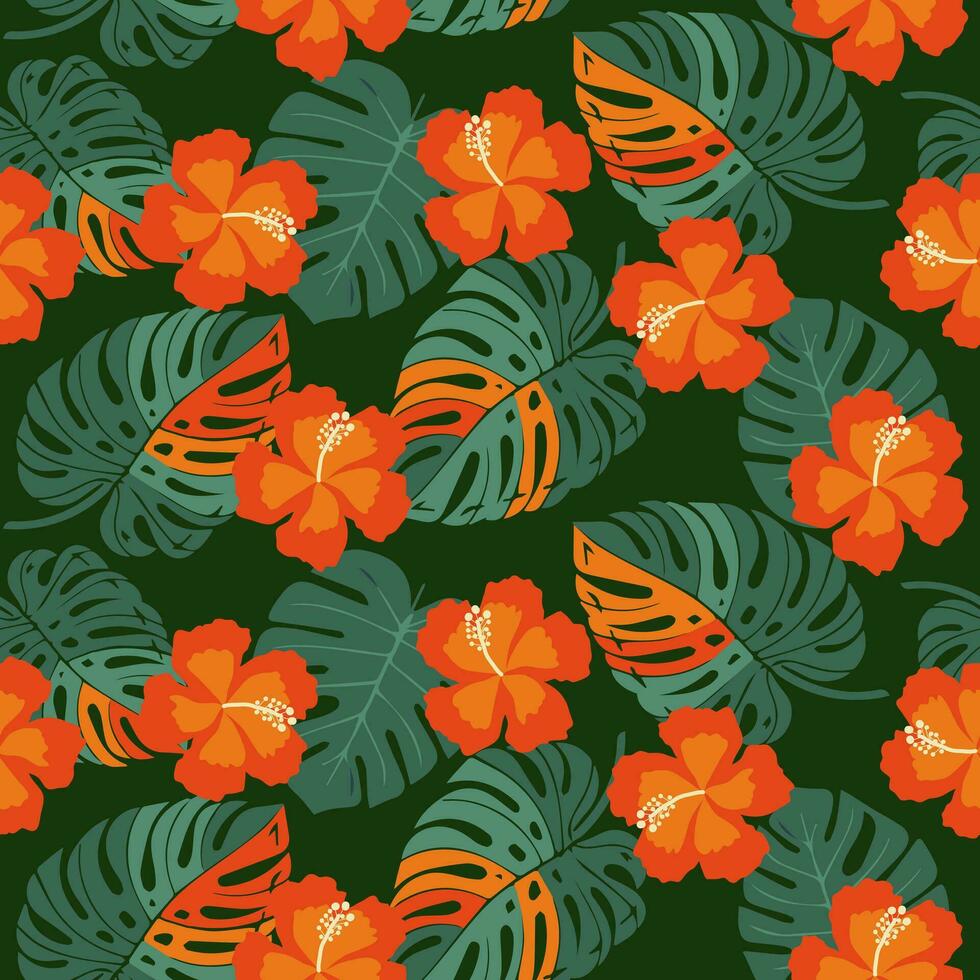 Tropical flower pattern seamless, silhouette of blooming, hand drawn botanical, Floral leaf for spring and Summer time, natural ornaments for textile, fabric, wallpaper, background design. vector