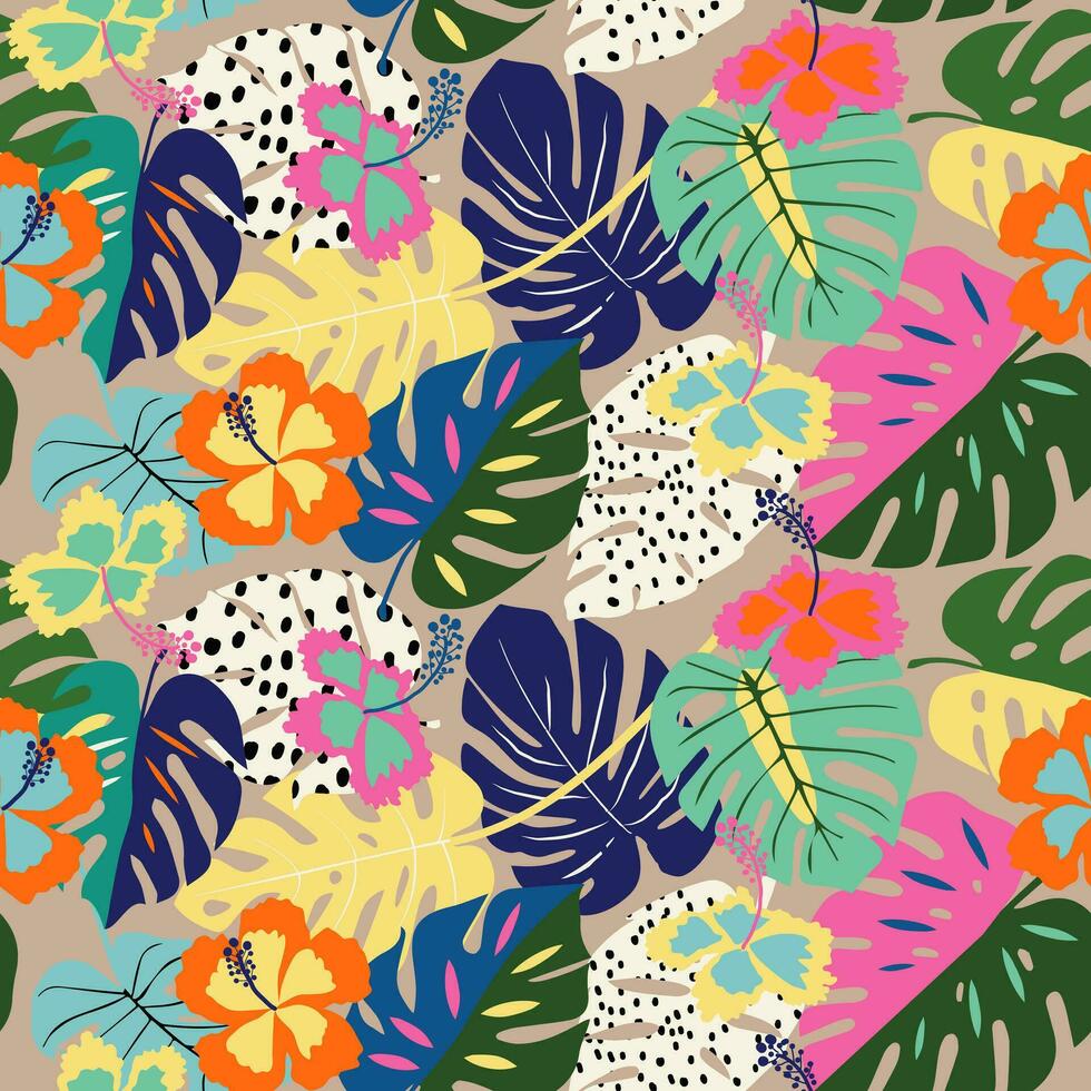 Tropical flower pattern seamless, silhouette of blooming, hand drawn botanical, Floral leaf for spring and Summer time, natural ornaments for textile, fabric, wallpaper, background design. vector