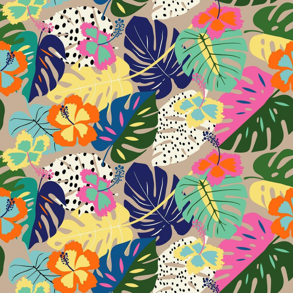Tropical flower pattern seamless, silhouette of blooming, hand drawn botanical, Floral leaf for spring and Summer time, natural ornaments for textile, fabric, wallpaper, background design. vector