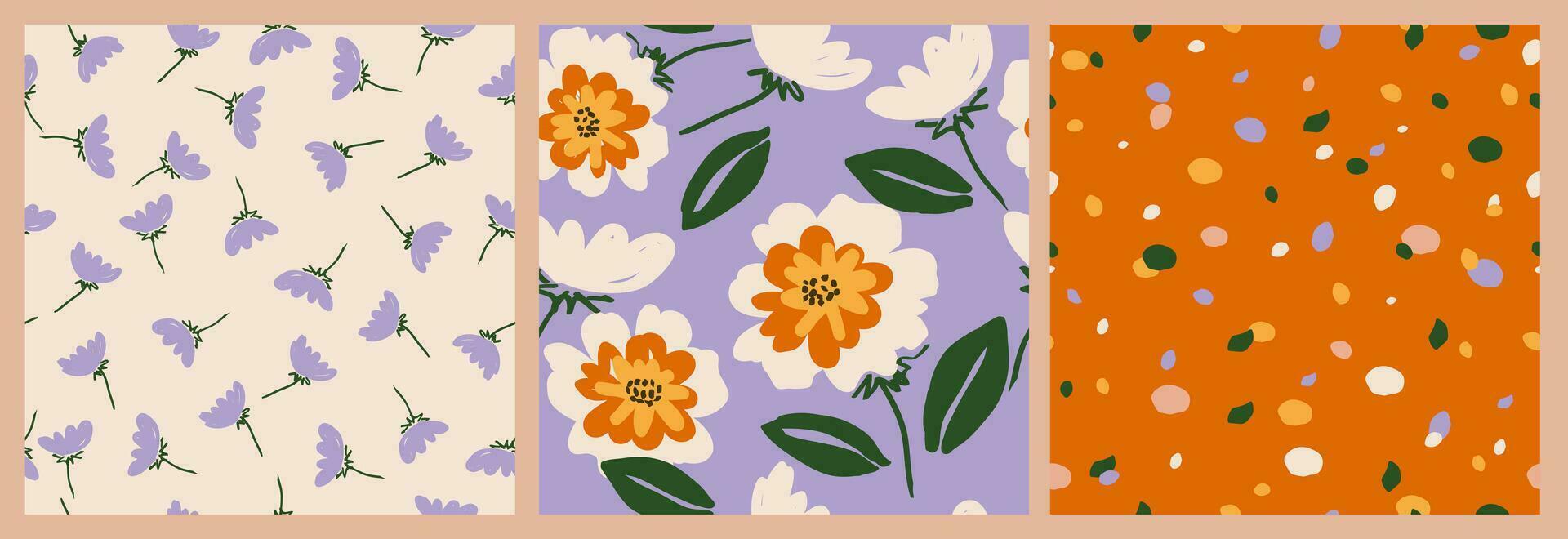 conjunto de mano dibujado flores, sin costura patrones con floral para tela, textiles, ropa, envase papel, cubrir, bandera, interior decoración, resumen antecedentes. vector