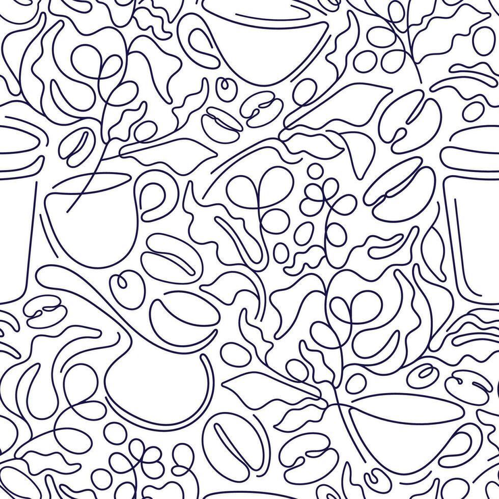 Coffee branch, cup, bean Monoline seamless pattern vector