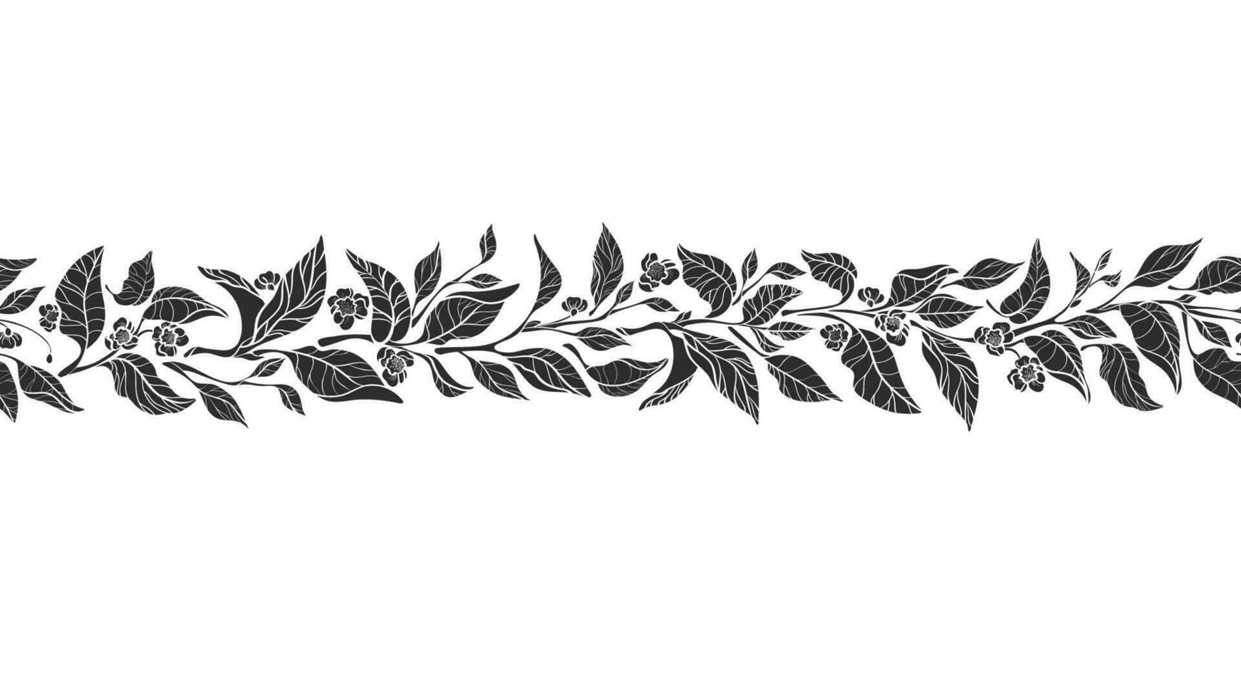 Tea leaves border Vector seamless print Silhouette