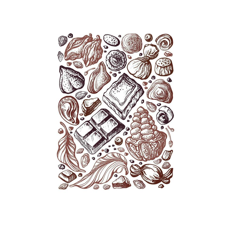 Chocolate sweets, cocoa beans. Vector drawn print