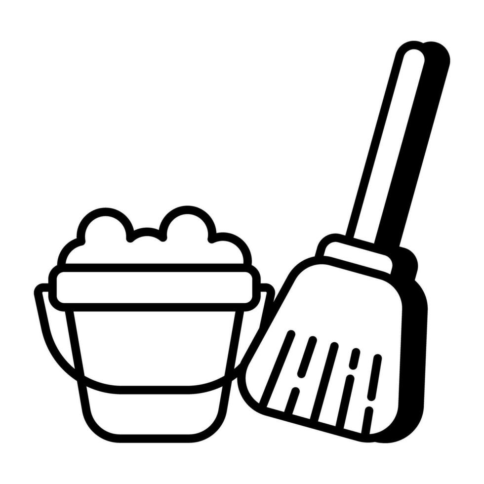 Broom with bucket, icon of cleaning tool vector