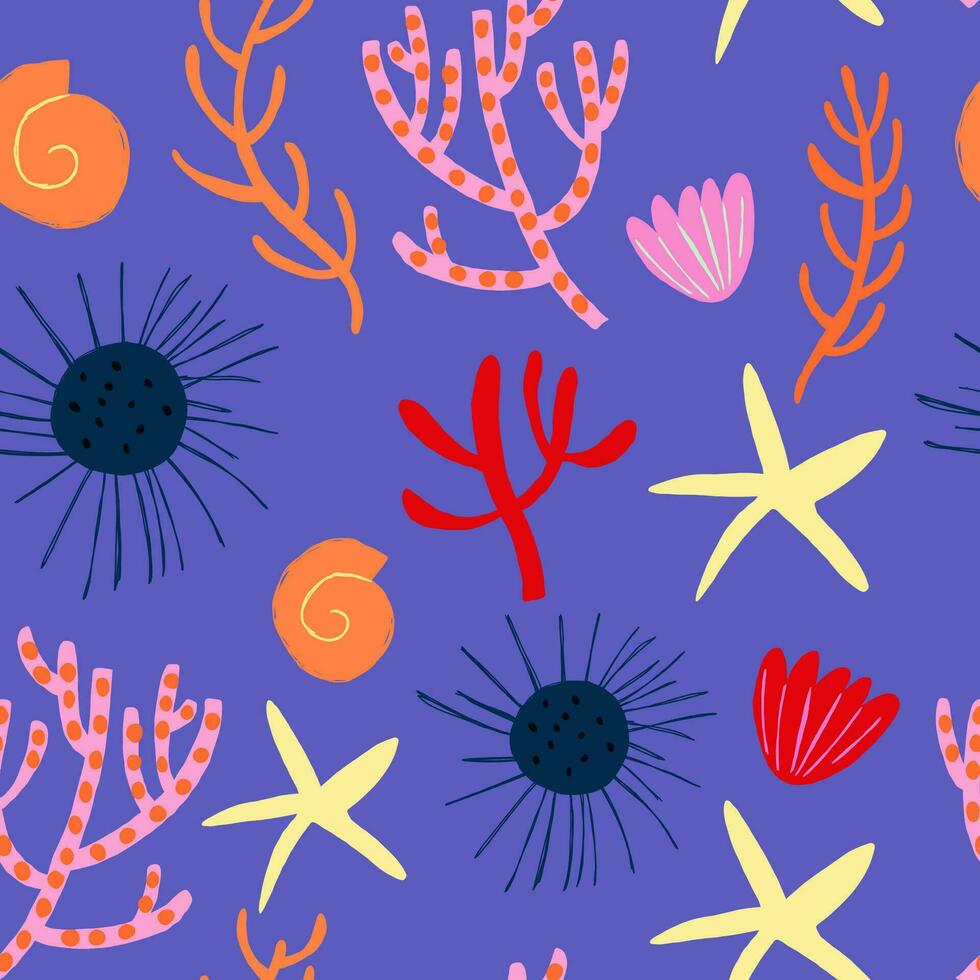 Sea life seamless pattern. Repeating image with animals of underwater world for printing on childrens bedding. Cartoon flat vector illustration