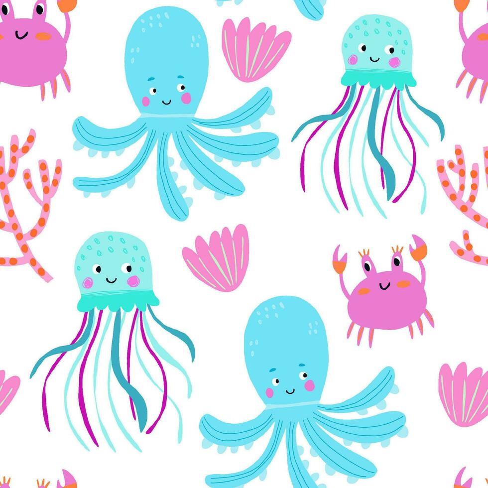 Set with hand drawn sea life elements. Vector doodle cartoon set of marine life objects for your design.