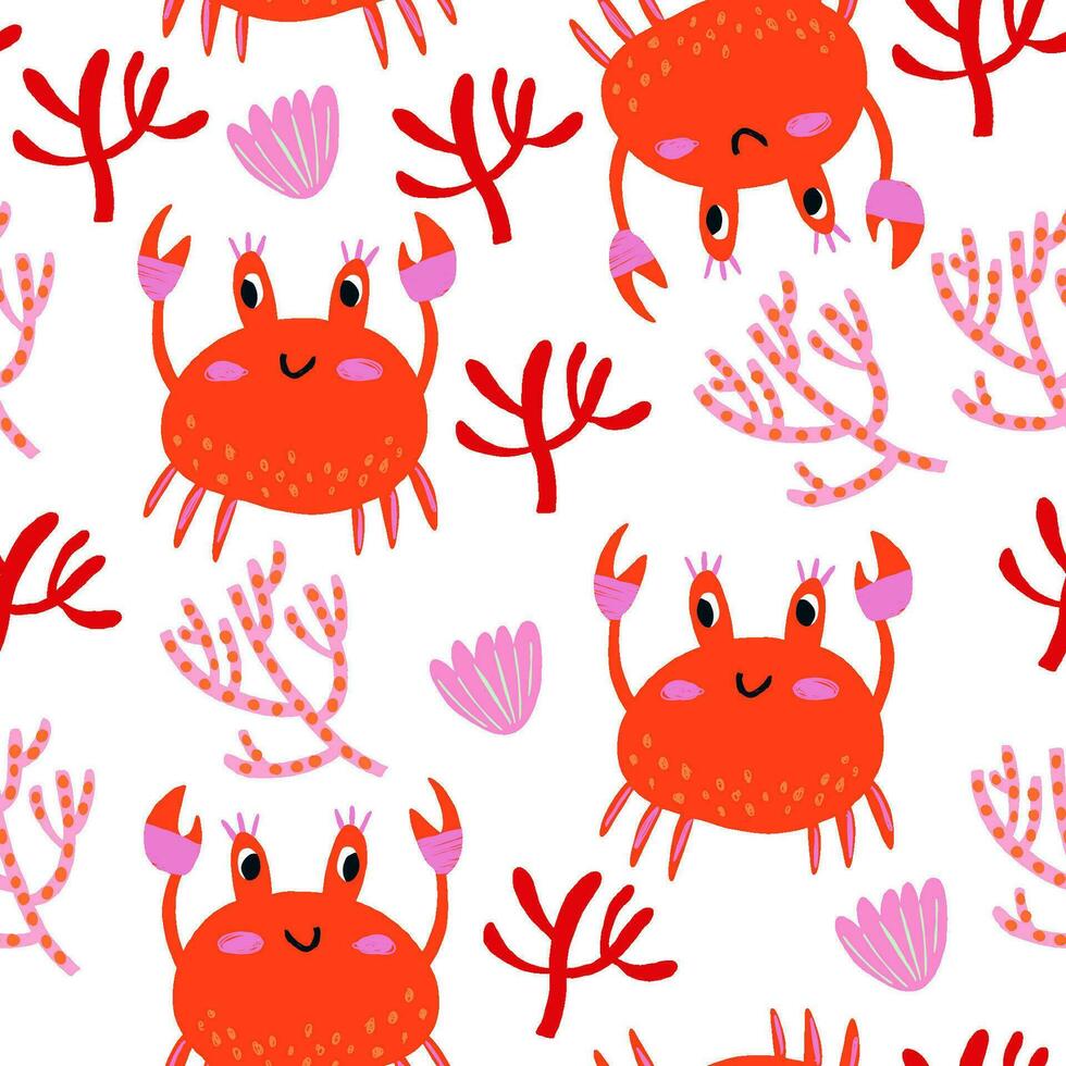 Vector seamless children's pattern with colorful crabs, shells and starfish on a white background. Suitable for baby prints, nursery decor, wallpaper, wrapping paper, stationery, scrapbooking