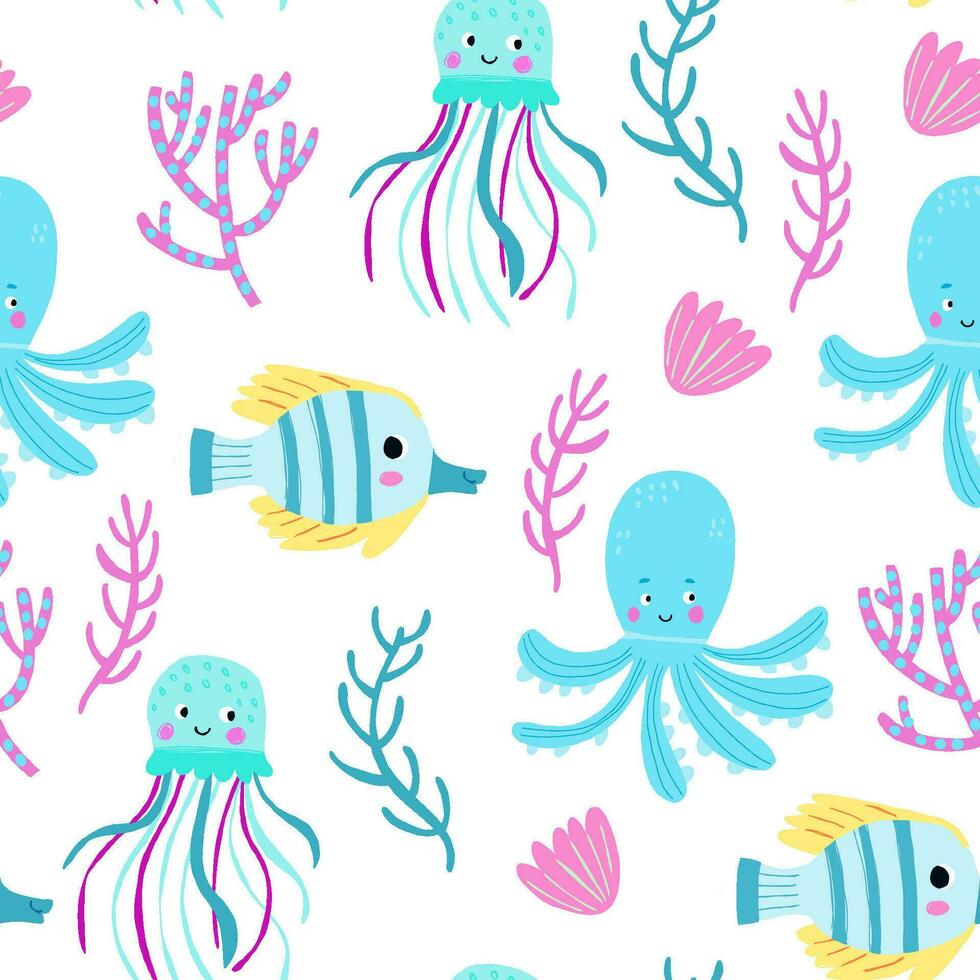 Octopus seamless pattern. Narwhal and turtle, cartoon cat with fish tail. Cute sea creature, fabric print with beautiful mythical creatures, nowaday vector background