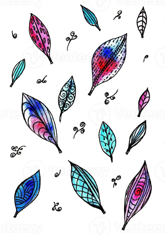 Hand drawn set of leafs doodle style. outline. watercolor. background. poster. banner. photo