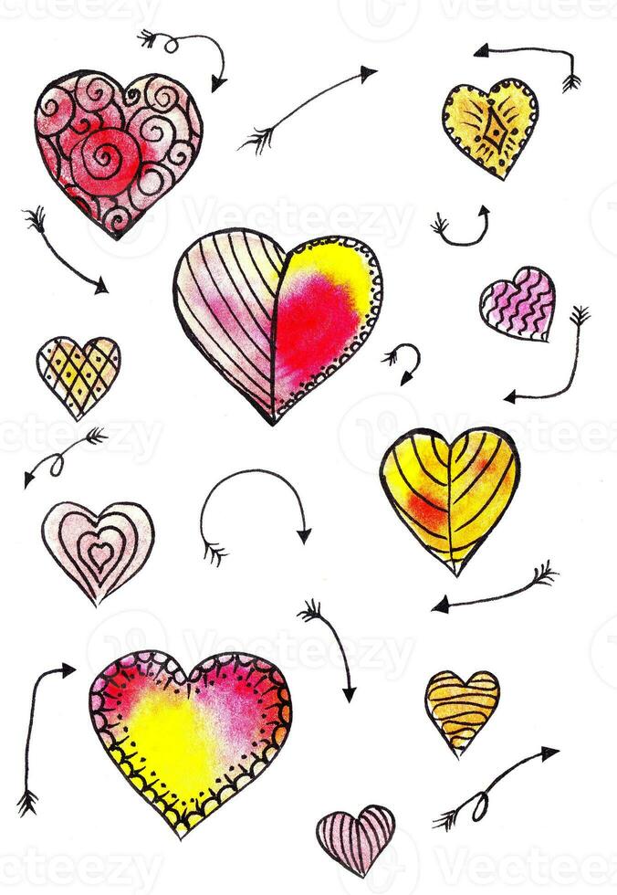 Hand draw poster doodle style, watercolor. Hearts and arows. Valentine's day post card. Wedding invitation. Banner. photo