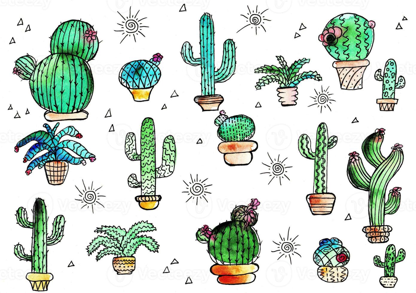 Hand draw doodle style icons set of cactus and sun. Succulent. Spiral. Triangle. Background. Poster. Banner. photo