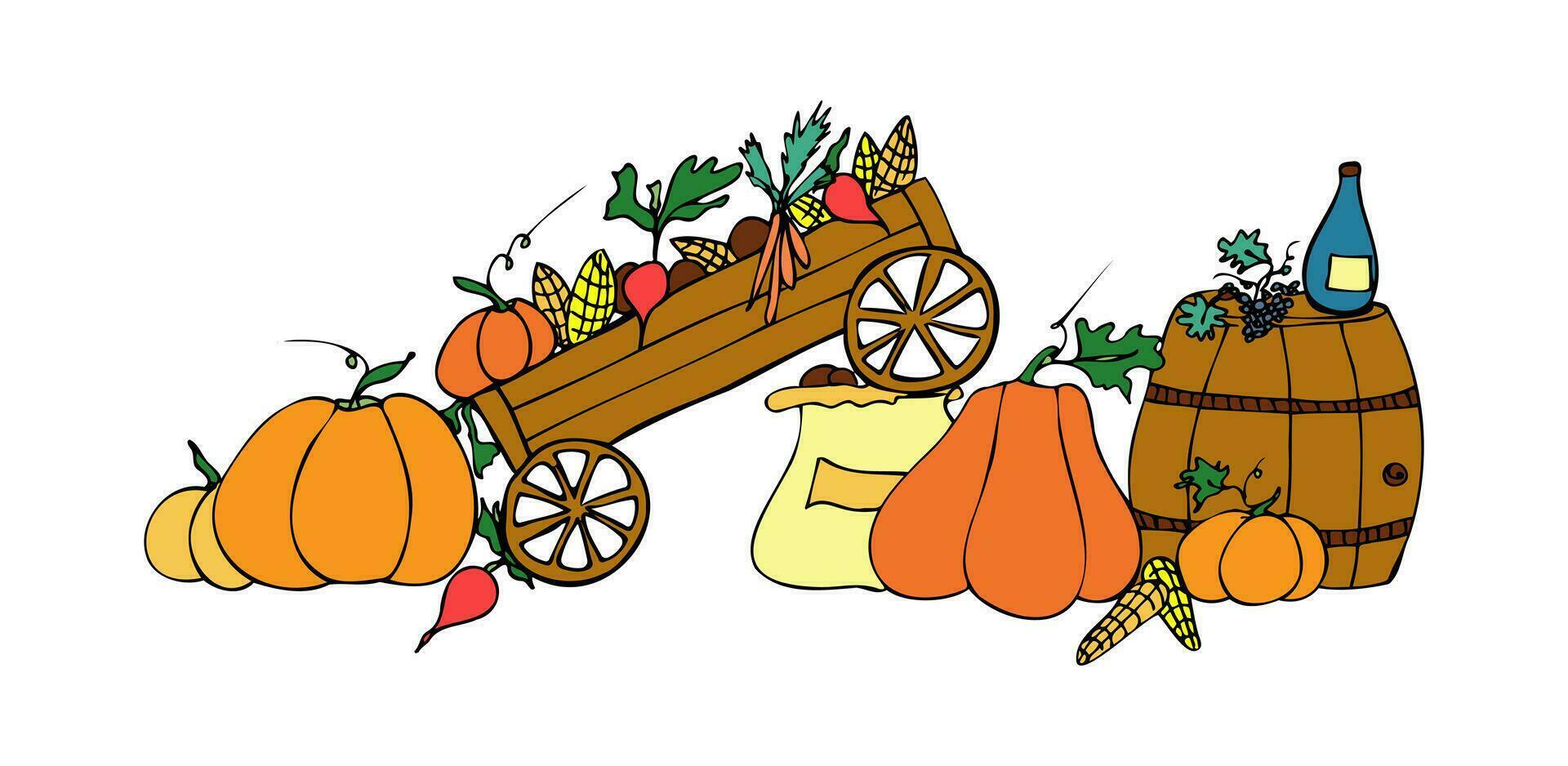 Autumn vector illustration for the harvest festival. Pumpkins, vegetables, wine, barrel, corn, cart, bags. Poster, banner.