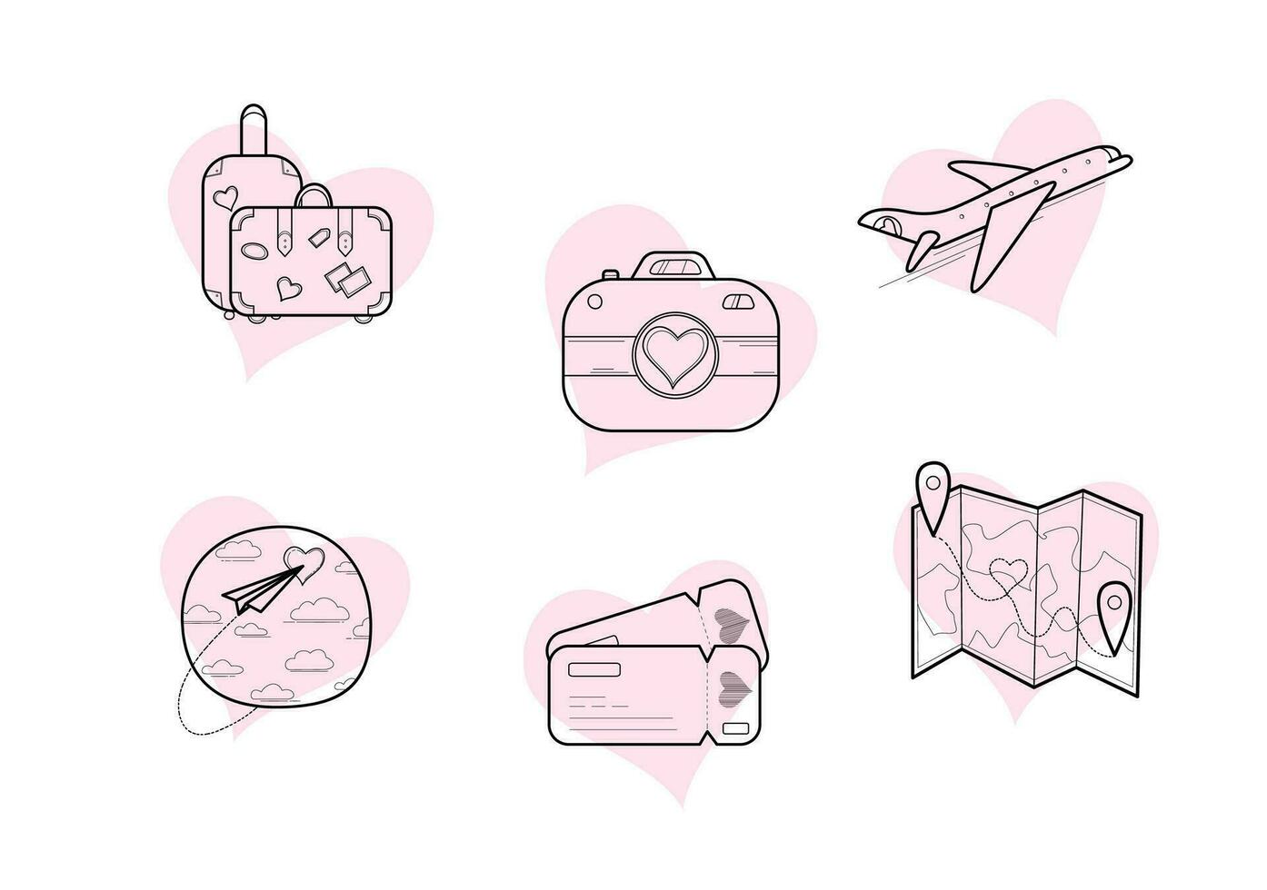 A set of hand-drawn doodle illustrations of items related traveling. icons. Love travel. vector