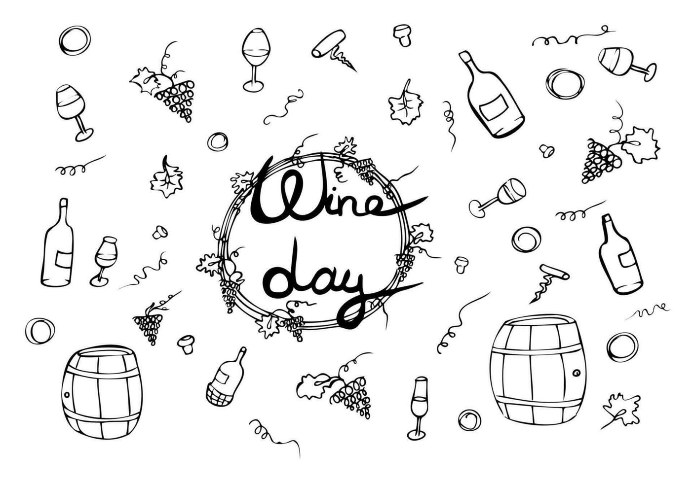 Vector illustration set for wine day, autumn, harvest festival. Wine bottles, barrels, grapes, glasses, lettering