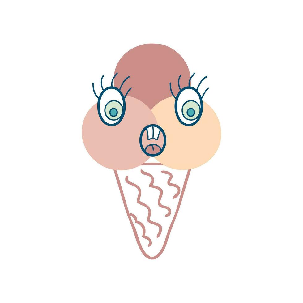 Surprised face three balls ice cream cone character with doodle eyes. Perfect print for tee, sticker, poster. vector
