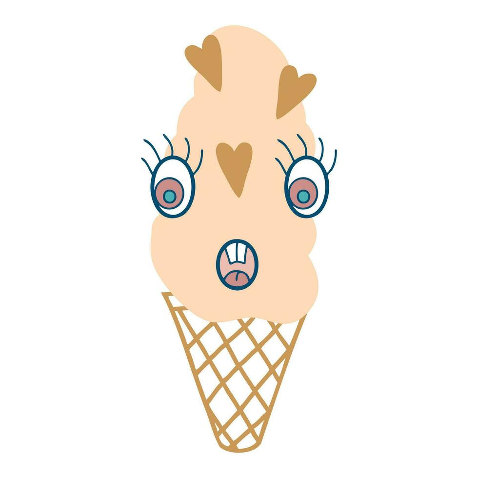 Scared face milk ice cream cone character with chocolate hearts. Perfect print for tee, sticker, poster. vector